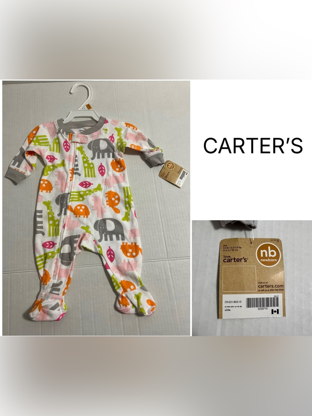 CARTER’S - NB - NWT - INFANT GIRLS SAFARI ANIMAL SLEEPER